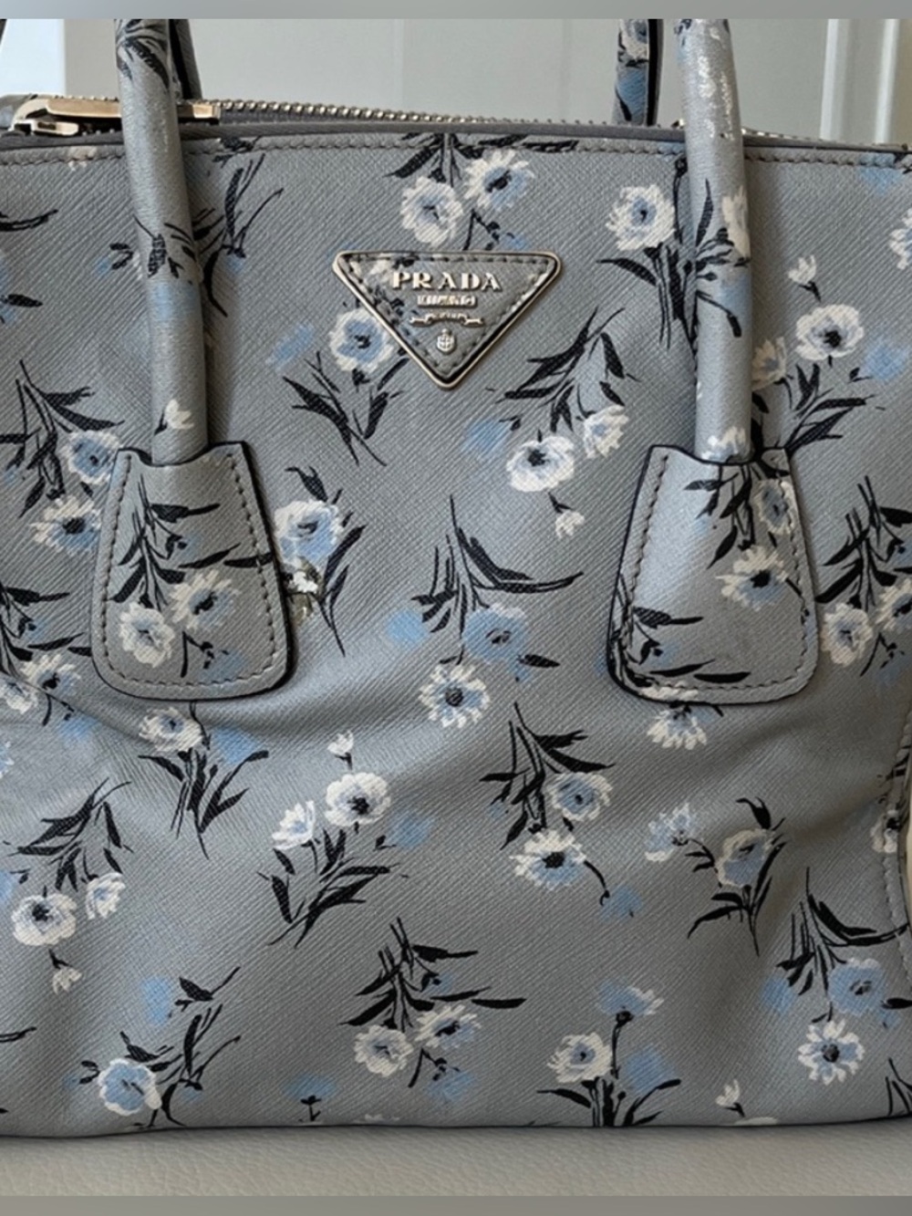 Prada Light Gray Floral Saffiano Two-way Bag with Blue and White Flowers